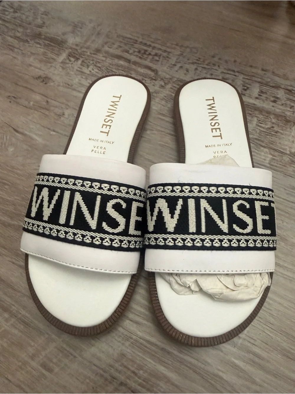 Twin-Set White Slides with Navy Logo Band
